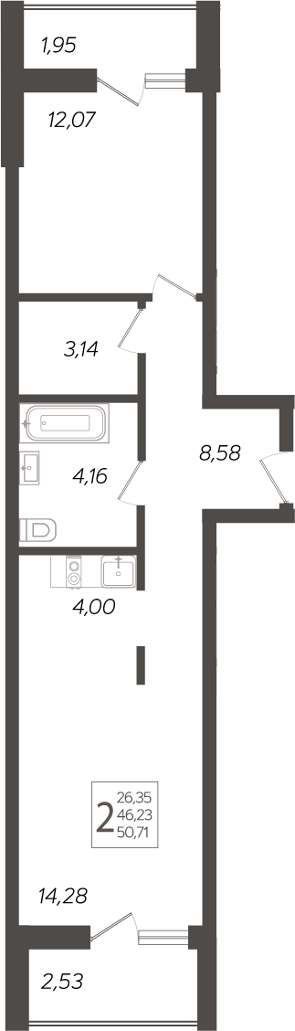 Планировка — Кислород, 2-комн., 48 м²