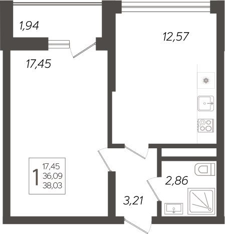 Планировка — Кислород, 1-комн., 36 м²