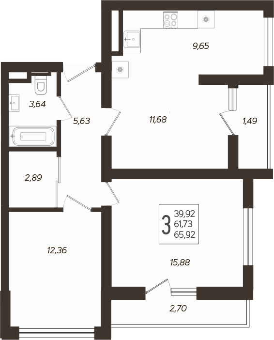 Планировка — Кислород, 3-комн., 63 м²