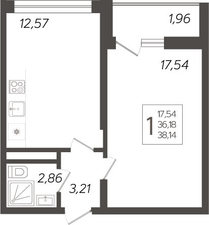 Планировка — Кислород, 1-комн., 36 м²