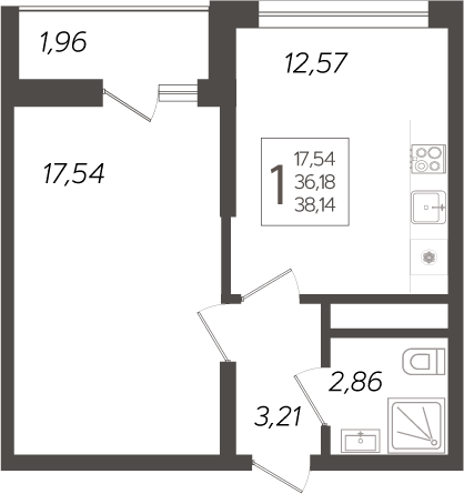 Планировка — Кислород, 1-комн., 36 м²