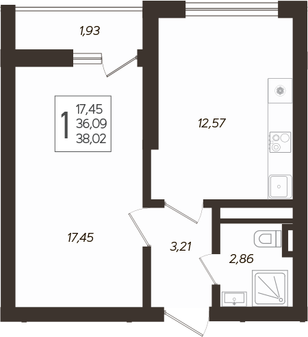 Планировка — Кислород, 1-комн., 37 м²