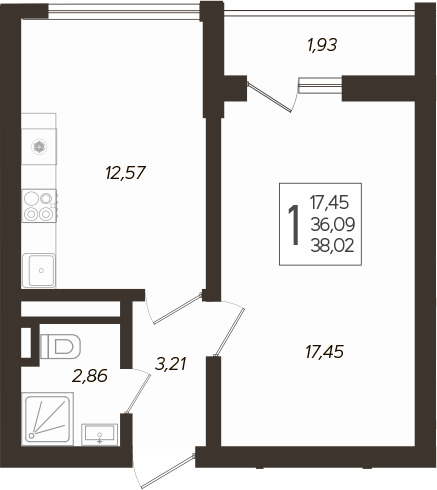 Планировка — Кислород, 1-комн., 37 м²