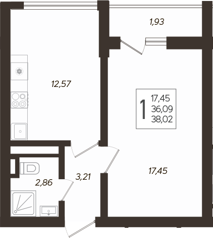 Планировка — Кислород, 1-комн., 37 м²