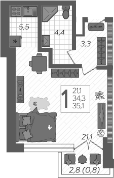 Планировка — Летний, Студия, 37 м²