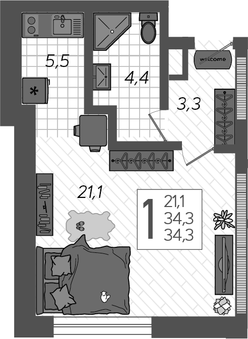 Планировка — Летний, Студия, 37 м²