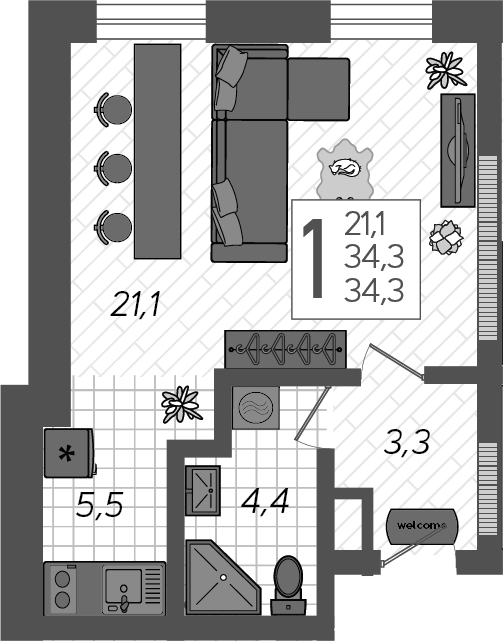 Планировка — Летний, Студия, 34 м²
