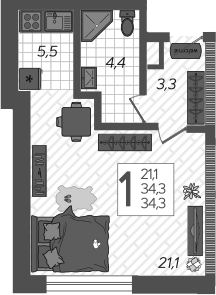 Планировка — Летний, Студия, 38 м²