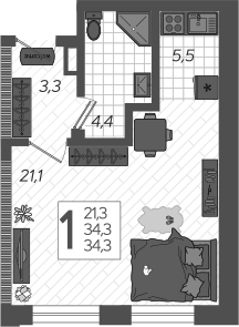 Планировка — Летний, Студия, 38 м²