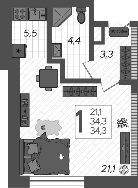 Планировка — Летний, Студия, 37 м²