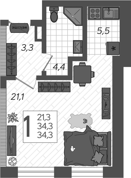 Планировка — Летний, Студия, 37 м²