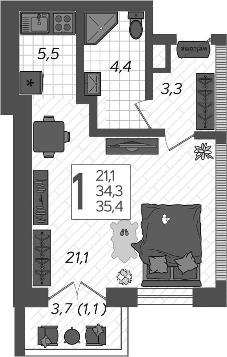 Планировка — Летний, Студия, 37 м²