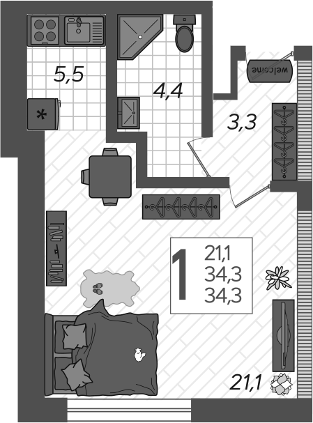 Планировка — Летний, Студия, 37 м²