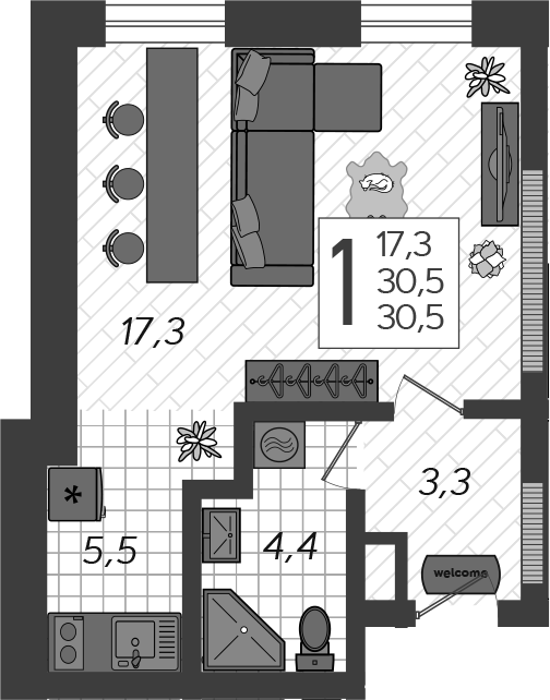 Планировка — Летний, Студия, 35 м²