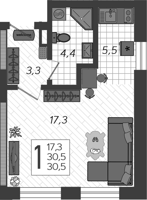 Планировка — Летний, Студия, 37 м²