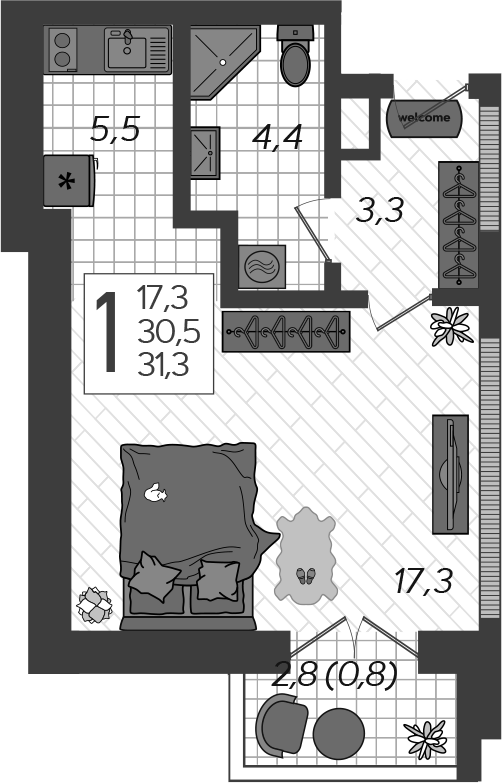 Планировка — Летний, Студия, 37 м²