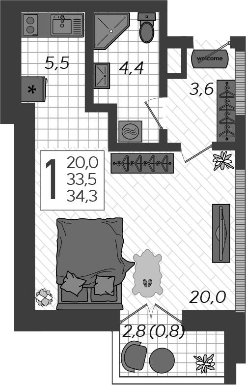 Планировка — Летний, Студия, 37 м²