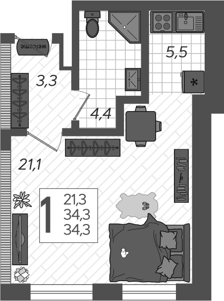 Планировка — Летний, Студия, 38 м²