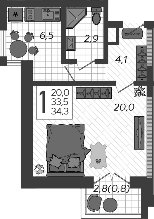 Планировка — Летний, 1-комн., 38 м²