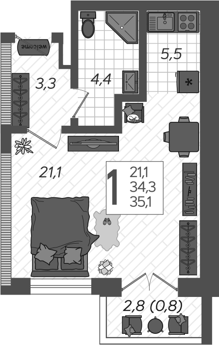 Планировка — Летний, Студия, 37 м²