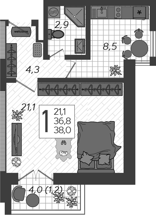 Планировка — Летний, 1-комн., 39 м²