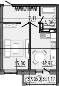 Планировка — Спутник, 1-комн., 44 м²