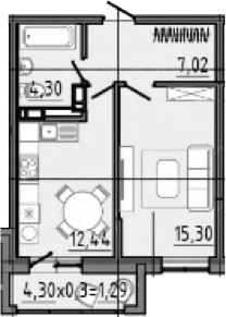 Планировка — Спутник, 1-комн., 43 м²