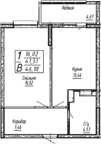 Планировка — Спутник, 1-комн., 45 м²