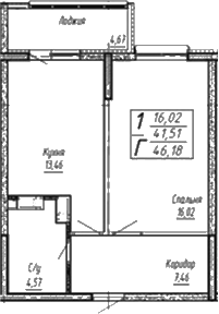 Планировка — Спутник, 1-комн., 45 м²