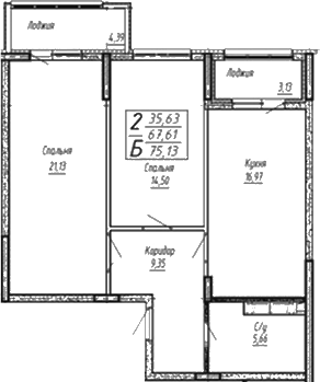 Планировка — Спутник, 3-комн., 72 м²