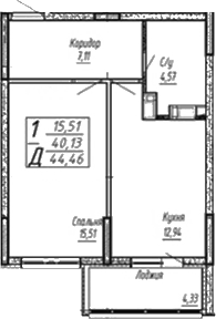 Планировка — Спутник, 1-комн., 43 м²