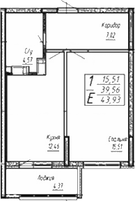 Планировка — Спутник, 1-комн., 43 м²