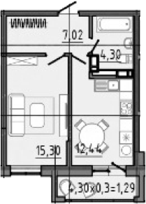 Планировка — Спутник, 1-комн., 43 м²