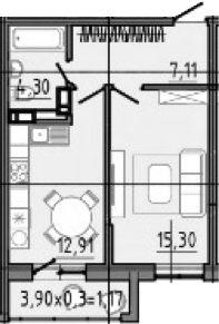Планировка — Спутник, 1-комн., 44 м²