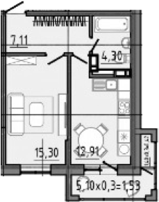 Планировка — Спутник, 1-комн., 46 м²