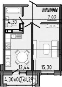 Планировка — Спутник, 1-комн., 43 м²