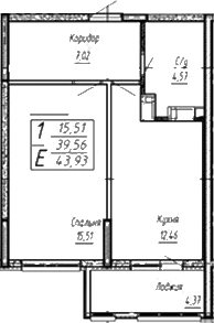 Планировка — Спутник, 1-комн., 39 м²
