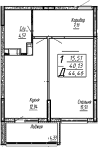 Планировка — Спутник, 1-комн., 40 м²