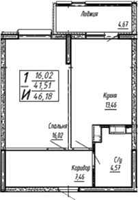 Планировка — Спутник, 1-комн., 41 м²