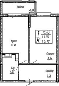Планировка — Спутник, 1-комн., 42 м²