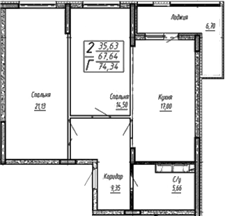 Планировка — Спутник, 3-комн., 68 м²