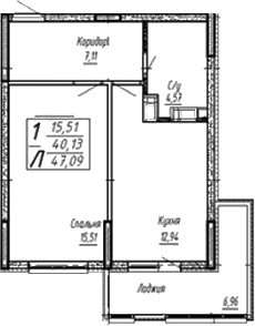 Планировка — Спутник, 1-комн., 40 м²