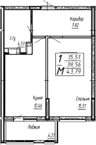 Планировка — Спутник, 1-комн., 39 м²