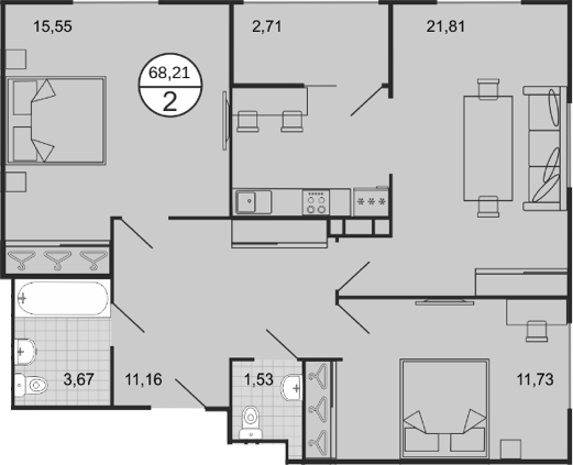 Планировка — Событие, 3-комн., 66 м²