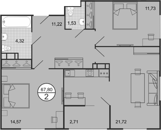 Планировка — Событие, 3-комн., 65 м²