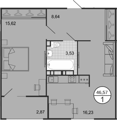 Планировка — Событие, 2-комн., 44 м²