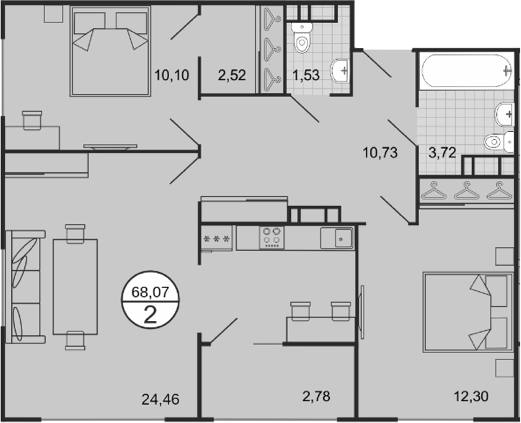 Планировка — Событие, 3-комн., 65 м²