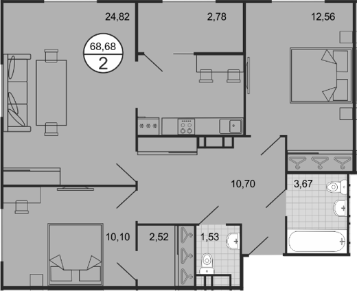 Планировка — Событие, 3-комн., 66 м²