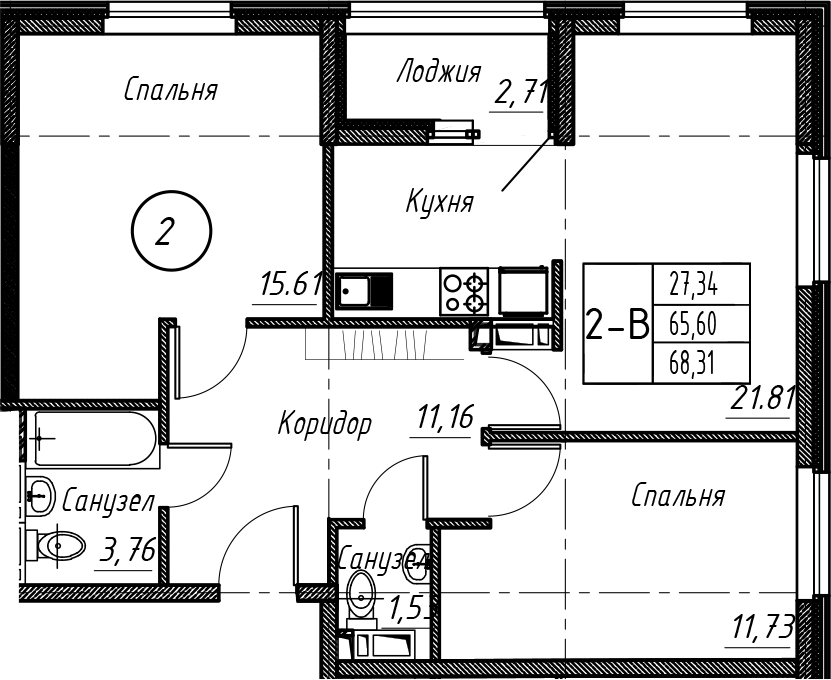 Планировка — Событие, 3-комн., 66 м²