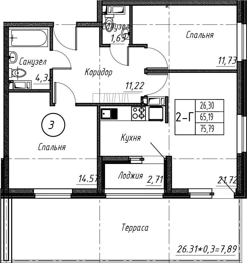 Планировка — Событие, 3-комн., 66 м²